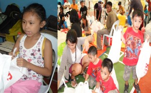 Yaneshka Michaela Aparicio, brothers Jan Matthew, Joe Andy and Joey Ivan Pineda were among the volunteers at the DSWD relief operations center at the covered gym of the Iloilo Sports Complex.   The little boys were accompanied by their mother Joy.