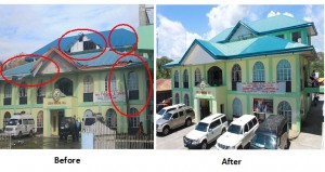 The municipality hall of Laua-an, Antique before when it was damaged by typhoon Yolanda and its present façade right after the locality spent its own internal revenue allotment (IRA) for the repair of hall’s roof.