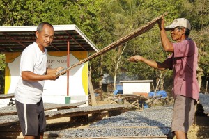 BRGY. Kagawad Rogelio Balsomo and Rogelio Azuelo check if the “tabagak” are completely dried before taken from the kapil.